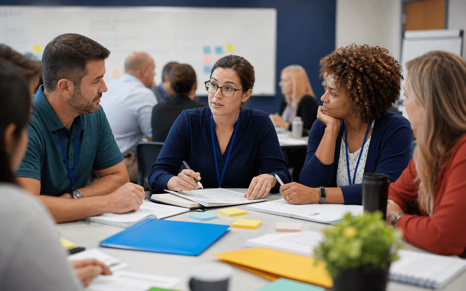 School professionals discussing ethical behavior support and safety planning materials.
